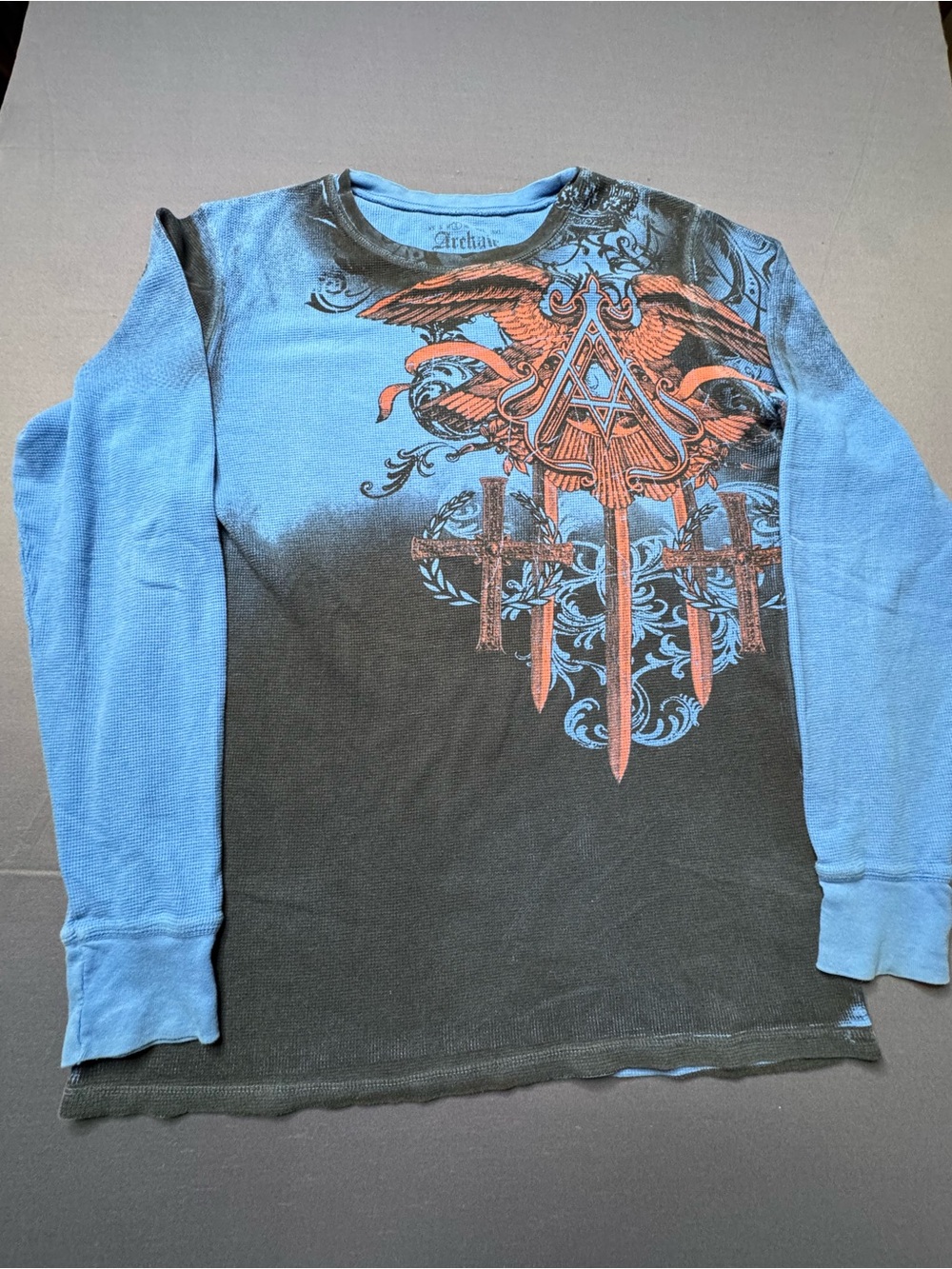 ARCHAIC by AFFLICTION Men's Long Sleeve THERMAL Shirt DAVENTRY Biker Blue L
